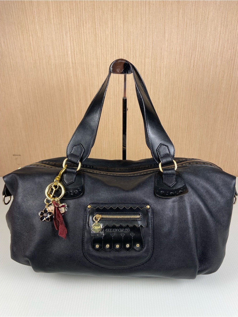 Vintage See By Chloé Cherry Black Leather Duffle Satchel Crossbody Bowler Bag
